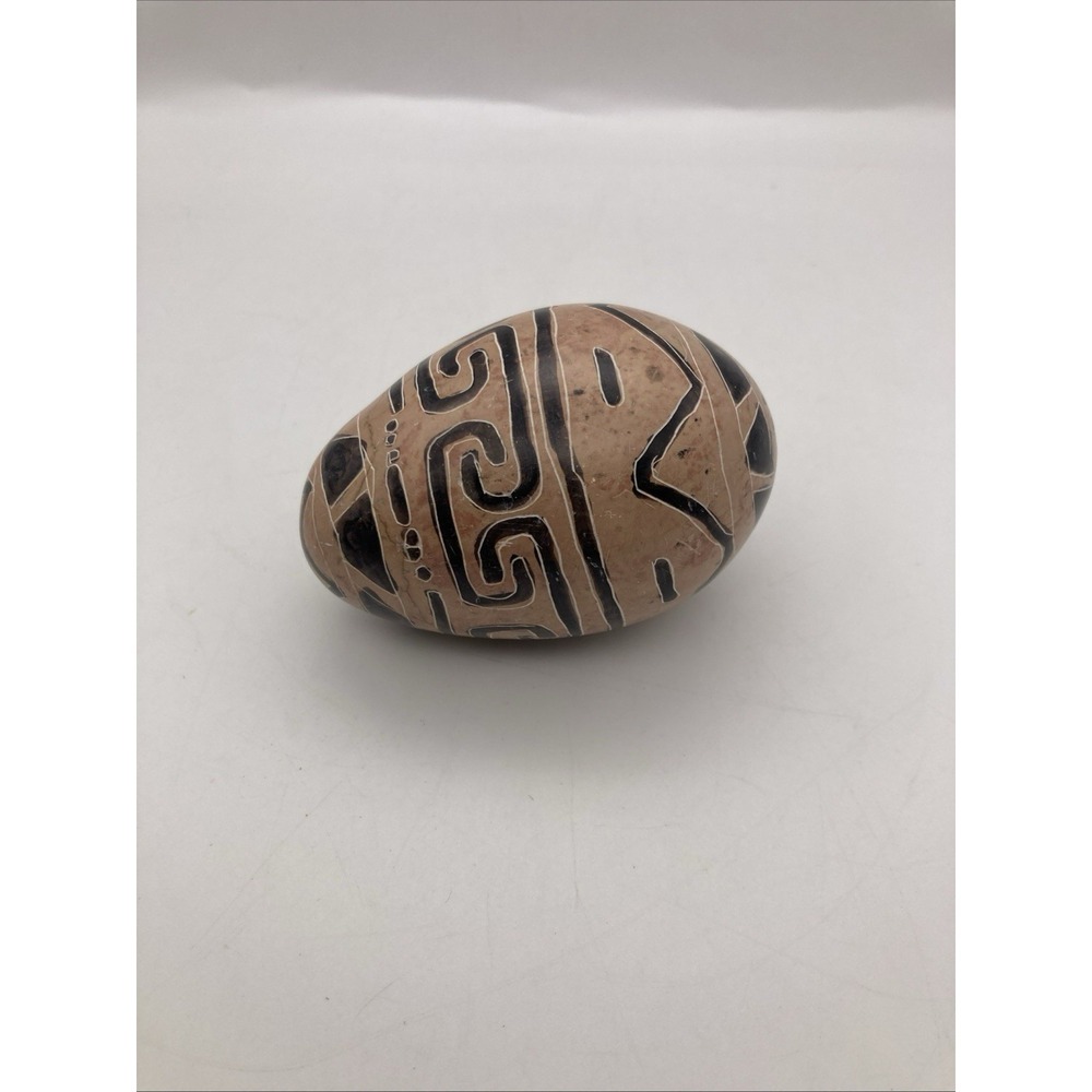 African Handmade Tribal Carved And Painted Stone Egg Beige Black Paperweight
